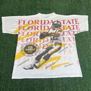 Vintage 90s Men's Florida State Seminoles FSU White AOP T-Shirt XL 26.25x28.75"